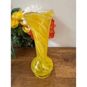 Vintage Murano Hand Blown Yellow and White Swirl Art Glass Vase with Ruffled Top